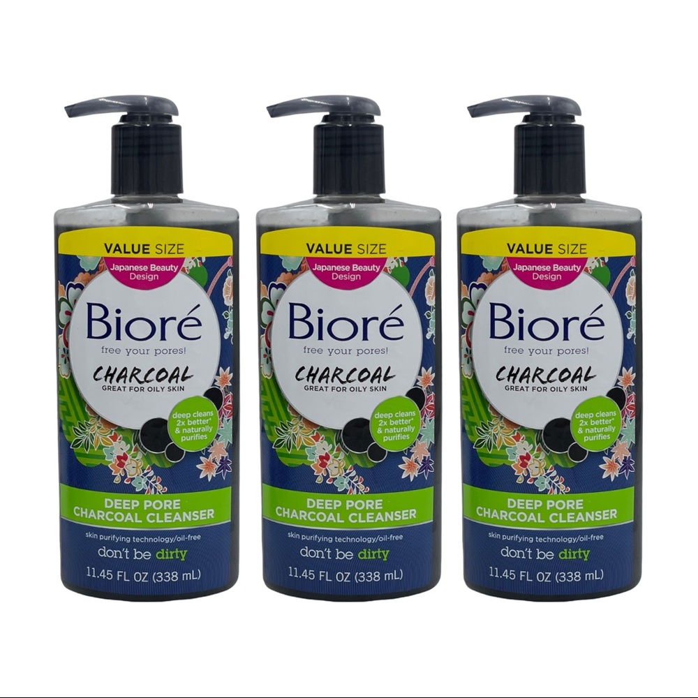3 Pack Biore Deep Pore Charcoal Cleanser 11.45 oz Oil Free Purifies